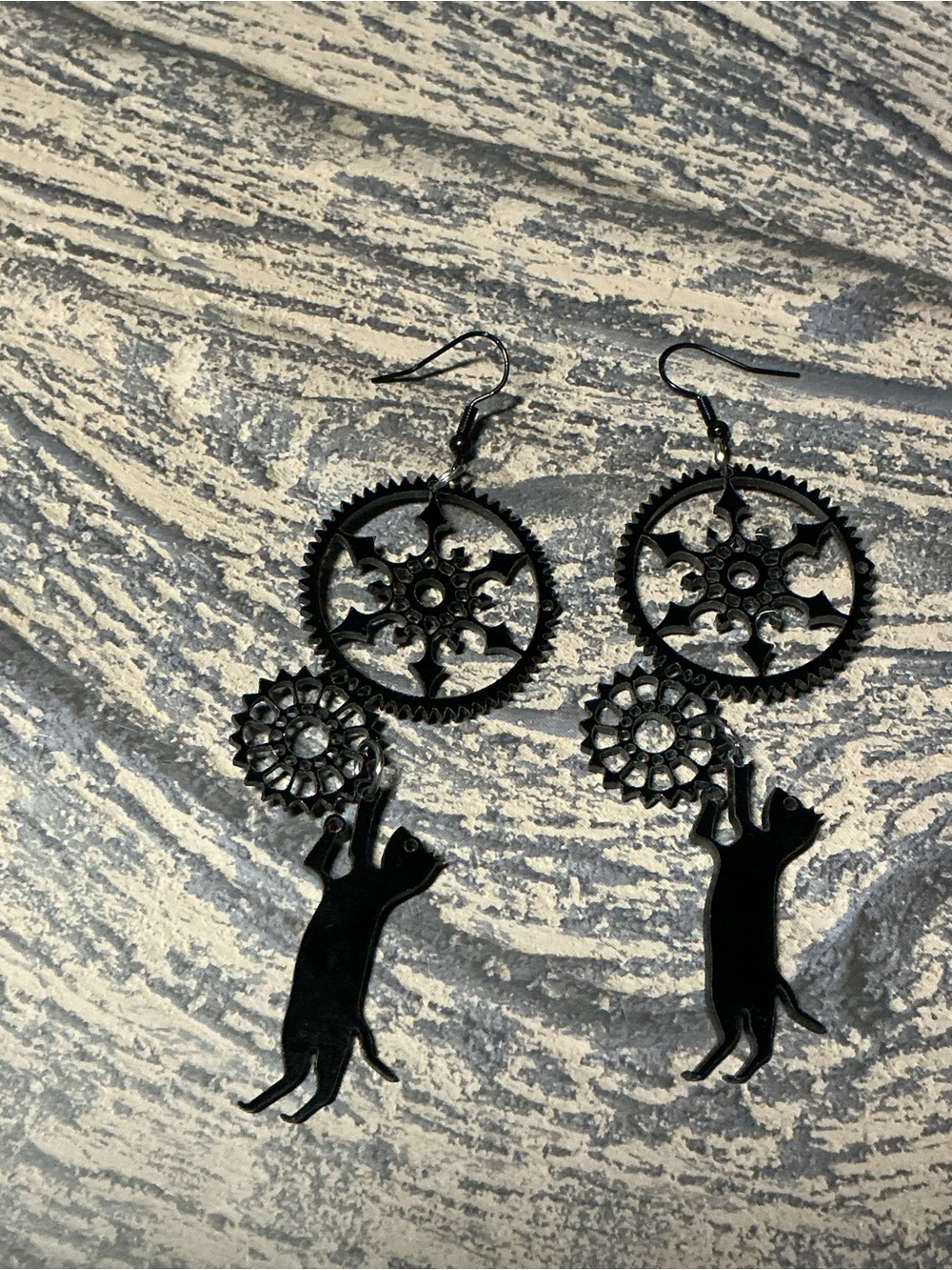 Black Cat Hanging On Gears Earrings